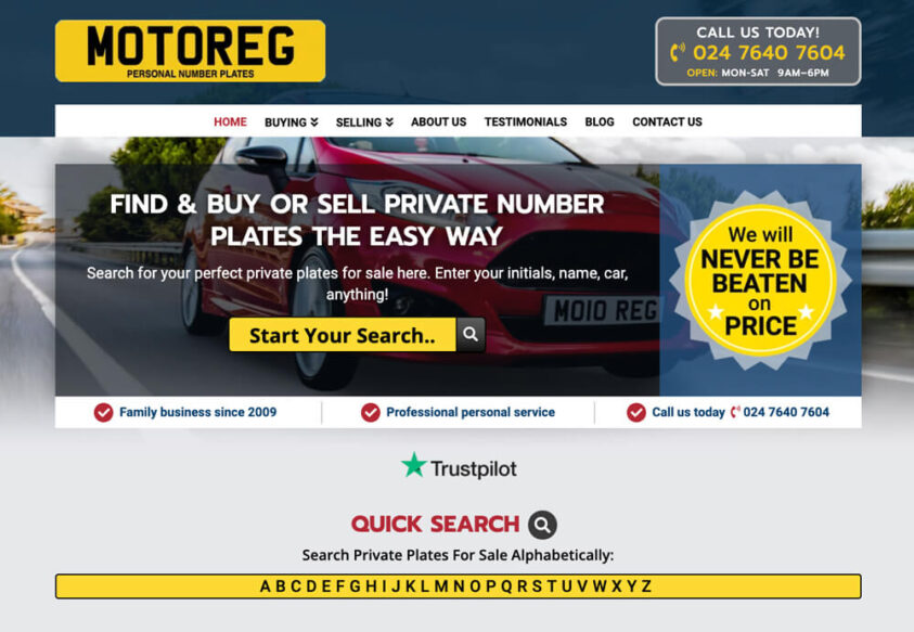Screenshot of Web Design for Motoreg Private Plates for Sale
